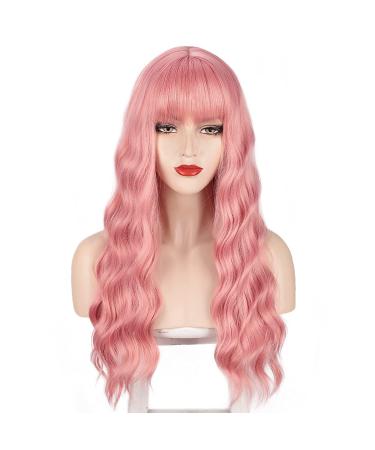 AISI BEAUTY Pink Wig with Bangs - 24 Inch Synthetic Long Wavy Pink Wig for Women - Halloween Cosplay Party Hairpiece - Buy Online on SooperMarket.com