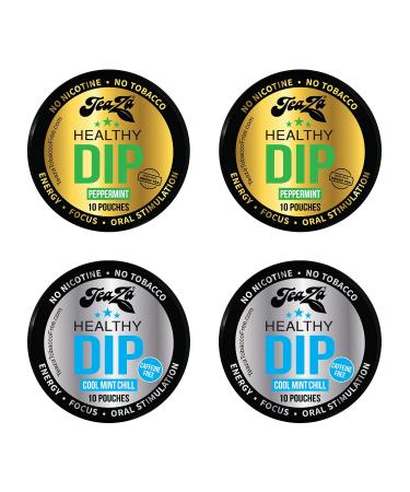 Teaza Herbal Energy Pouches, Minty Fresh Bundle Tobacco Alternative Nicotine Free, Smokeless Alternative Snuff Tobacco Free Healthy Dip - 2 Peppermint & 2 Cool Mint Chill (4 Pucks )