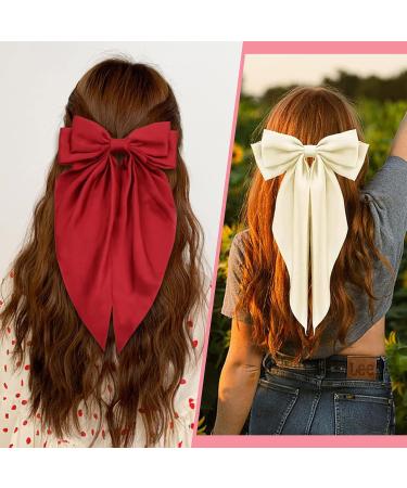 DHWEKU 3 Pieces Hair Clips with Big Bow Soft Silky Satin Hair Clip Long Tail French Ribbon Hairpins 90s Bowknot Clip for Party Christmas Women Girls - Buy Online on SooperMarket.com