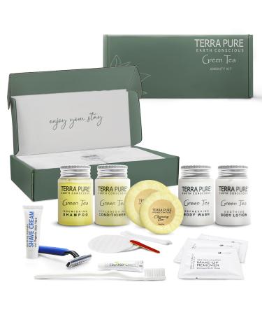 Terra Pure Green Tea Amenity & Accessory Kit | 1 oz Travel Size Shampoo Conditioner Lotion Body Wash 2 Soap Bars Shave & Dental Sets Make-Up Remover Wipes & Vanity Kit | 1 set per case 5 PIECES (BOXED WITH ACCESSORIES)