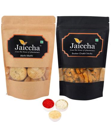 Jaiccha Ghasitaram Bhaidooj Gifts - Best of 2 Assorted Bites 200 GMS and Methi Mathi 150 GMS Pouch Best of 2 Assorted Bites and Methi Mathi Pouch