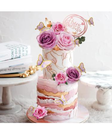 19 PCS Flower Cake Toppers | Butterfly Cake Decorations | Happy Birthday Toppers with Artificial Roses and Eucalyptus | Wedding Baby Shower Supplies (Purple) - Buy Online on SooperMarket.com