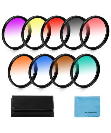 55mm Graduated Color Filters Kit 9 Pieces Gradual Colour Lens Filter Kit Set Accessory for Canon Nikon Sony Pentax Olympus Fuji DSLR Camera + Lens Filter Pouch +Lens Cleaning Cloth