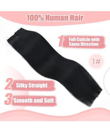 Vlasy 12 Inch Black Tape in Human Hair Extensions - 20pcs Straight Seamless Invisible Tape ins - Real Natural Hair Extensions - Buy Online on SooperMarket.com
