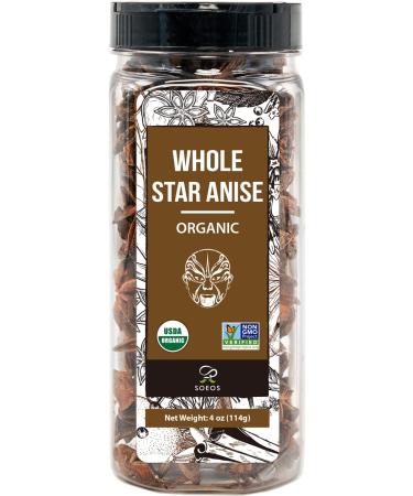 Soeos Organic Whole Star Anise 4 oz (114g), Whole Anise, Whole Chinese Star Anise Pods, Anise Seed Whole, Organic Star Anise Whole, Organic Star Anise Seeds, Star Anise Spice, Anis Star, Anis Seed, USDA Organic, Non-GMO Ve