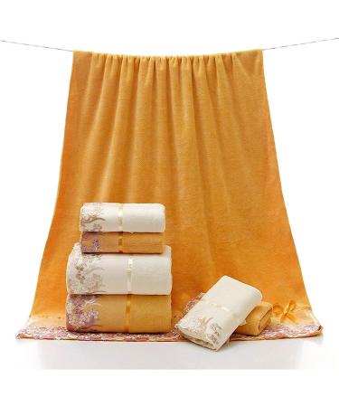 Lace Edge Embroidered Bath Towel Set - Super Absorbent Fiber - Yellow - 3 Piece Set - Buy Online on SooperMarket.com