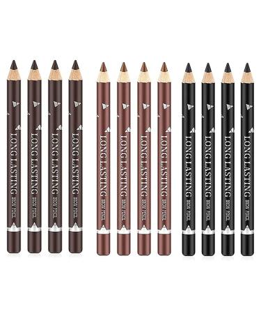 Go Ho 12 PCS Eyebrow Eyeliner Pencil Set, Waterproof Eyebrow Pencil,Long-lasting Sweat-proof Eyeliner Makeup Brow Tint Pen, 3 Colors(Black+ Brown+Dark Brown) 4 PCS Black+4 PCS Light Brown+4 PCS Dark Brown