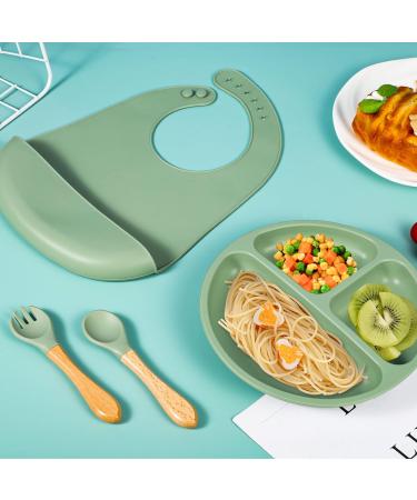 4 Piece Baby Weaning Set: Silicone Suction Divided Plate, Adjustable Bib, Spoon, Fork - Baby Led Feeding Supplies for Baby and Toddlers - Buy Online on SooperMarket.com