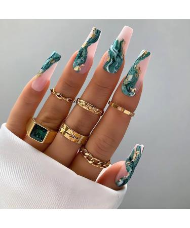 IMSOHOT Long Press on Nails Coffin Nude Fake Nails Green Glue on Nails Ballerina Glossy False Nails Full Cover Acrylic Nails for Women 24PCS 60-A015