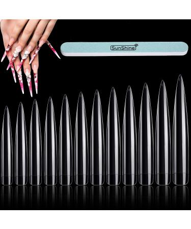180 Pieces Extra Long Nails Tips Stiletto False Nails Sharp 12 Sizes Artificial Nails Tips with Nail Files for DIY Fake Nail Manicure Nail Salon Teaching Practice and Performances (Clear)
