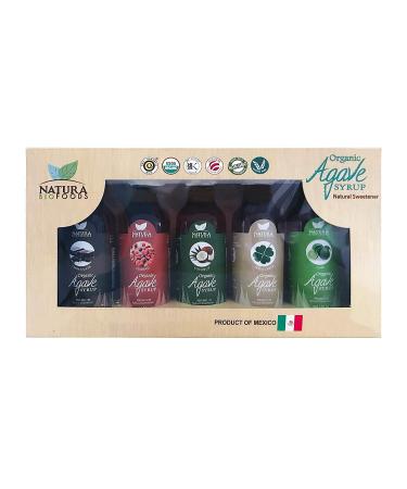 NBF Blue Organic Agave Syrup Nectar 5-Flavor Assortment Sweetener Natural Low Glycemic Index Non-GMO & Gluten Free Natural Flavors (Pack of 5, Total of 8.8 Oz) Chocolate, Almond, Coconut, Lime, Irish Cream Small 8.8 Fl Oz