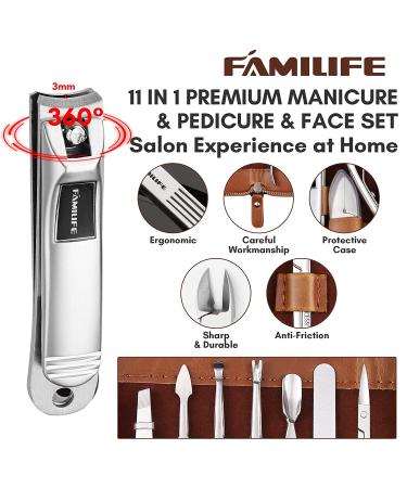 FAMILIFE Professional 11-in-1 Manicure Set with Brown Leather Travel Case - Stainless Steel Nail Clippers & Pedicure Tools Kit for Men - Luxury Grooming Gift - Buy Online on SooperMarket.com