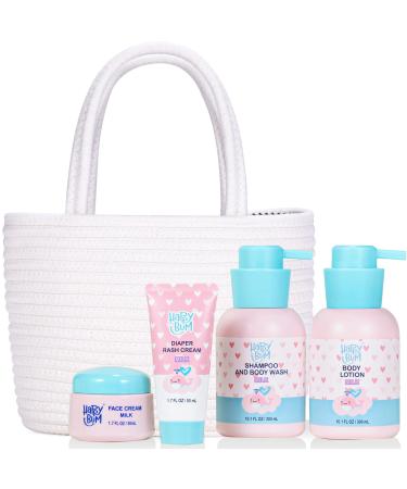 HAPPY BUM Baby Bath Set, Baby Wash Gift Set Included Body Wash and Shampoo, Body Lotion, Baby Face Cream, Baby Diaper Cream and Cotton Rope Basket Diaper Caddy Organizer for Baby