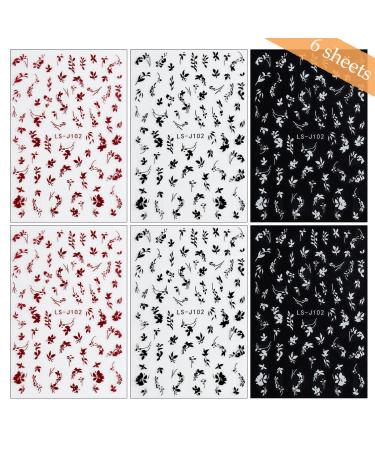 6 Sheets 3D Flower Nail Art Stickers - Self-Adhesive Leaf & Floral Designs for DIY Manicure - Red White Black Nail Decals for Women - Buy Online on SooperMarket.com