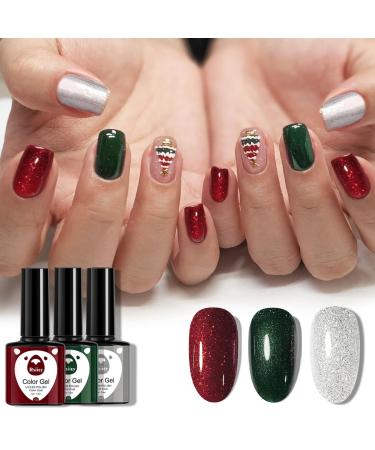 Christmas Gel Nail Polish Set Glitter Red Green Silver 3 Colors Burgundy Dark Red Soak Off LED/UV Lamp Manicure Nail Varnish Sets for Women Nail Art Salon DIY Home