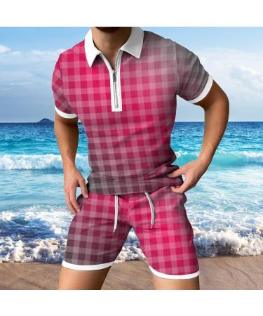 QWUVEDS Men's Spring/Summer Plaid Print Zipper Short Sleeve Sports Suit - Casual Travel Outfit in Pink 3XL - Buy Online on SooperMarket.com