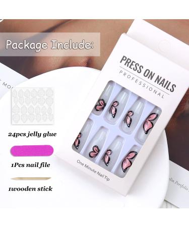 24Pcs Pink Butterfly Press on Nails - Exquisite Design Full Cover Acrylic Nails for Women - Spring Nail Art Decorations - Buy Online on SooperMarket.com