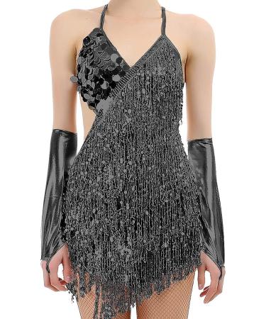 iMucci Black Latin Dance Dress with Paillette Tassel - Women's Samba Costumes Ballroom Dresses - Buy Online on SooperMarket.com