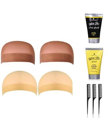 Got2B Got 2b Ultra Glued Invincible Styling Gel 1.25 oz Glued Spiking Glue 1.25 oz (Including IGS 4 pack Wig Caps Beige Wig Cap Light Brown Wig Cap & 3pc Rat Tail Comb Set)