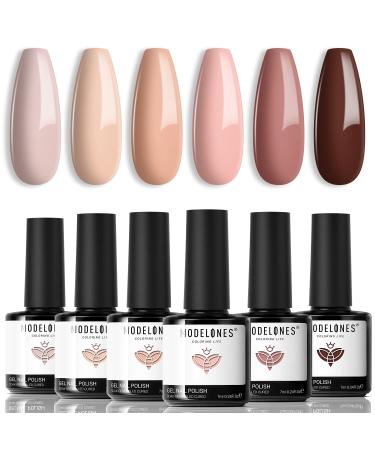 Modelones Gel Nail Polish Set - 6 Colors Nude Neutral Gel Polish Nail Kit Popular Skin Tones Brown Pastel Pink Soak Off Nail Polish Gel LED Nail Art Manicure DIY Salon Home Holiday Gifts for Women A Nude Addicted