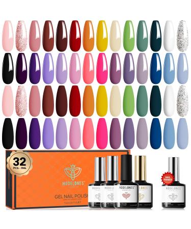 Modelones 32 Pcs Gel Nail Polish Set 28 Colors All Season Gel Polish Kit with Glossy& Matte Gel Top Coat No Wipe Base Coat Nail Primer Orange Red Purple Pink Black White Classic Colors Nails DIY A1-Multicolors