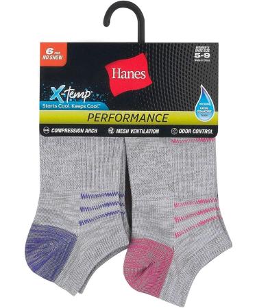 Hanes Women's Performance Cool Compression No Show Socks 6 Pair Pack - Grey/Purple/Pink Design - Buy Online on SooperMarket.com