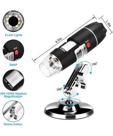 USB Microscope 40X-1000X Digital 3-in-1 Camera with Metal Stand for Windows, Mac, Android & Linux - Black - Buy Online on SooperMarket.com
