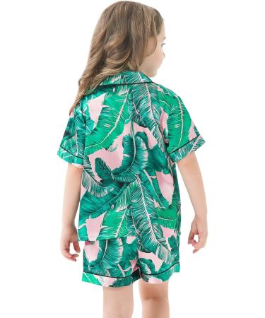 SWOMOG Kids Silk Pyjamas - Short Sleeve Satin PJs Set for Girls Boys | Button-Down Silky Nightwear for Children & Teens | Pink Leaves Design | Ages 4-16 - Buy Online on SooperMarket.com