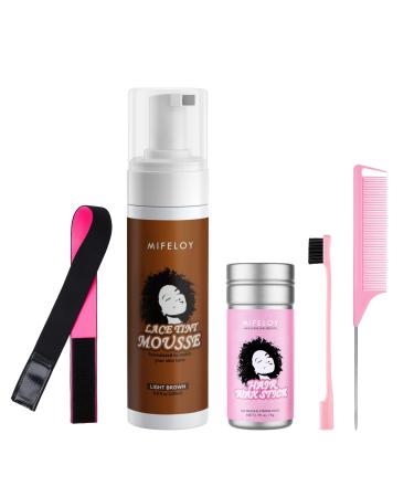 5 Pcs Wig Tool Kit 200ml Lace Tint Melting Hair Mousse Foam Mocha Middle Brown Toupees Spray Glue 75g Styling Wax Stick Pomade Gel Wig Band Needle Tail Comb Edge Control Brush 5 Pcs Wig Tool Set-Brown-Pink
