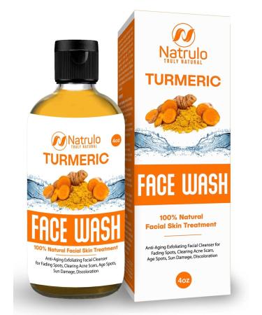 Natrulo Turmeric Face Wash, 4oz Clear Skin Liquid Soap – 100% Natural Anti Aging Exfoliating Turmeric Facial Cleanser for Fading Spots, Clearing Acne Scars, Age Spots, Sun Damage, Discoloration - Turmeric Soap Skin Detox T…