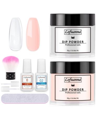 Lofuanna Dip Powder Nail Kit-30g Clear&Nude Dipping Powder Starter Kit with 2 IN 1 Base&Top Coat and Activator No UV/LED Needed Easy Apply Nail Art Manicure Set for Beginners