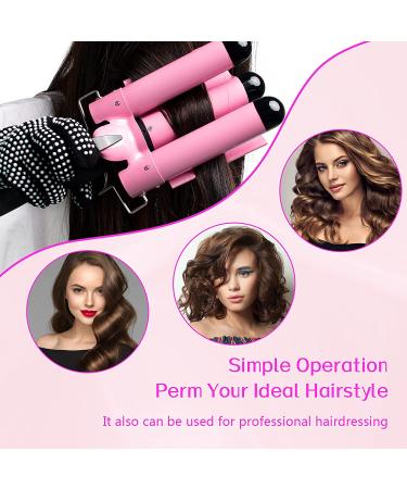 Awhoas 3 Barrel Curling Iron 32MM Hair Waver | Triple Barrel Hair Crimper for Women | Pink Curling Wand with LCD Temp Display - Buy Online on SooperMarket.com