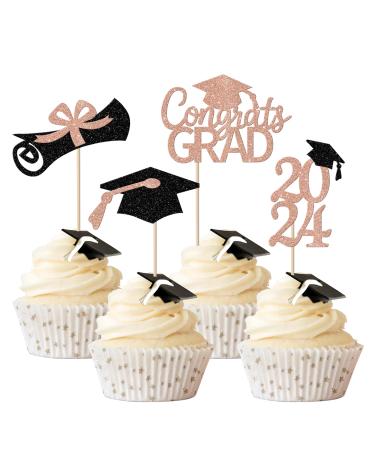 Rsstarxi 36 Pack 2024 Graduation Cupcake Toppers 2024 Graduation Party Decorations Glitter Class of 2024 Congrats Grad Diploma Cap Cupcake Picks for 2024 Graduation Party Cake Decorations Rose Gold