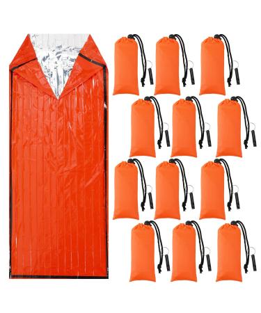 12 Set Emergency Sleeping Bag Survival Bivvy Sack Blanket with Whistles Lightweight Portable Thermal Survival Bag Thick Mylar Tent with Hood Extension Nylon Stuff Sack for Camping Hiking Outdoor