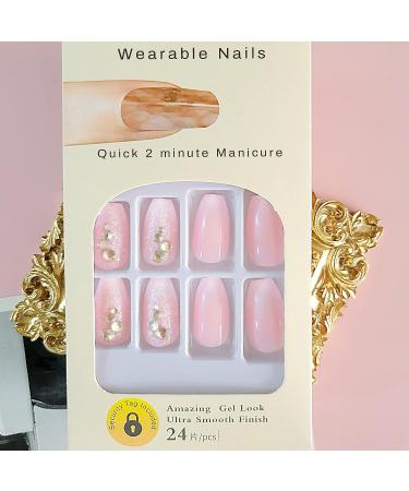 Pink Gradient Rhinestone Press on Nails - 24 Pcs Medium Coffin Shape | Glitter Powder & Rhinestone Designs | False Nails for Women and Girls - Buy Online on SooperMarket.com