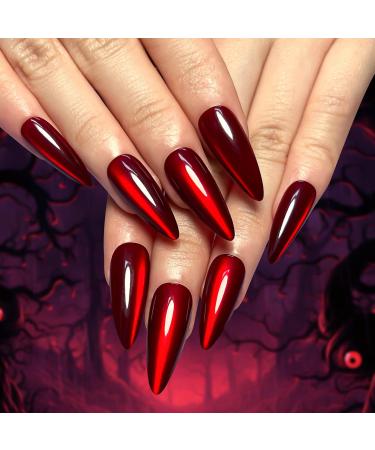 30Pcs Halloween Press on Nails Red Long Stiletto Fake Nails Solid Color False Nails with Designs Red Cat's Eye Nail Press ons Mirror Artificial Nails Holiday Stick on Nails for Women Almond Style-22