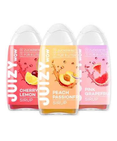 Juizy WoW syrup sugar -free |3 x 65ml Mixed - up to 36L natural beverage syrup |Zero calories |Vegan 3 Series Bundle - Pink Grapefruit Cherry Lemon Peach PassionFruit |More Juice - Less Calories Mixed 3 x 65 ml