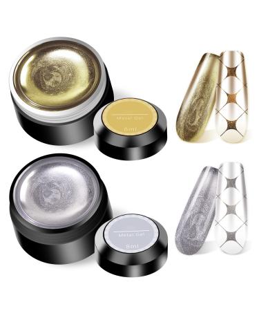 U-Shinein 2 Colors Metallic Painted Gel Polish  Golden Silver Nail Painted Gel Polish 3D Metal Gel Nail Art Painting Gel Sculpture UV/LED DIY Nail Art Manicure  2x8ml