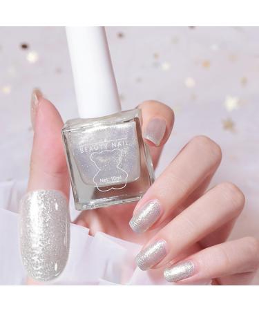 Glitter Silver Nail Polish Quick Dry Long Lasting Shimmer Nail Varnish Sparkle Metallic Effect No UV Needed Nail Paint Nail Polish Art Manicure Gifts for Women Girls DIY Home(10ML)