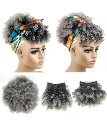 Afro Puff Drawstring Ponytail with Bangs Pineapple Updo Hair for Black Women Short Kinky Curly Ponytail Bun with 2 Bangs(#1B/GRAY) 1 ponytail+ 2 bangs T1B/Gray