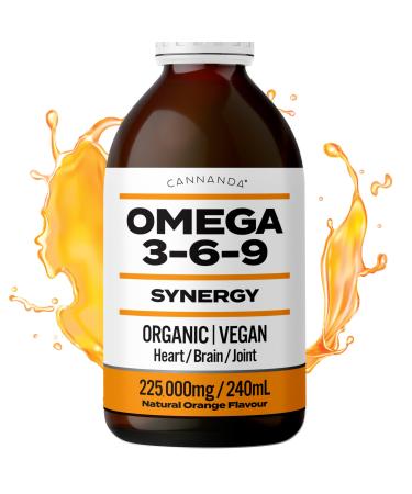 OMEGA 3-6-9 SYNERGY: Organic / Vegan / 225 000MG / 240ml. Organic Omega 3 6 9 With Hemp Oil. Extra Strength + High Potency for Joint Pain / Heart / Brain / Stress / Immune Support. Rich in GLA. Natural Orange Flavour