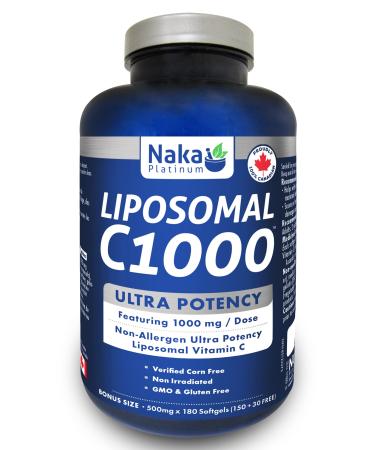 Naka Platinum LIPOSOMAL C1000 featuring 1000 mg/dose Non-Allergen High Potency Liposomal Buffered Vitamin C (180 softgels 500mg/softgel) 180 count (Pack of 1) 500mg/softgel