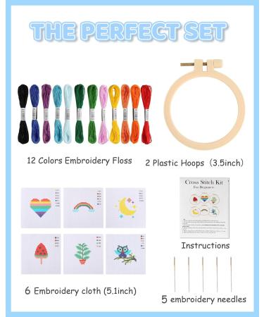 Pllieay Kids Cross Stitch Kit | 6 Patterns, 2 Hoops, 12 Skeins | Beginner Needlepoint Starter Set with Instructions - Buy Online on SooperMarket.com