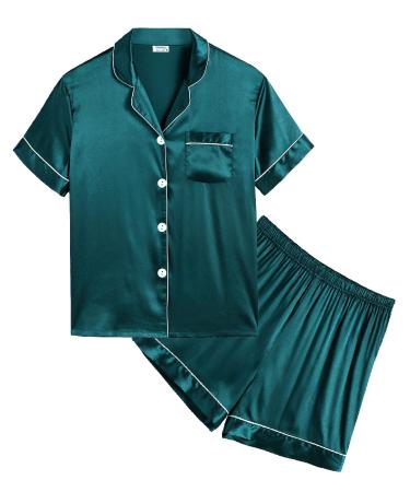 SWOMOG Kids Silk Pyjamas Girls Boys Short Sleeve Satin PJs Sets Button-Down Silky Nightwear Children Sleepwear Teens Age 4-16 8-9 Years Green