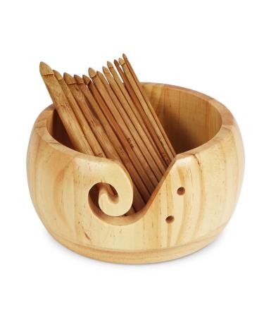 UNAYMIDY Yarn Bowl Holder, Wooden Knitting Bowl with 12pcs Crochet Hooks, Large Yarn Holder Dispenser for Crocheting (large 6.7") brown 17cm