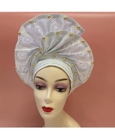 QliHut Luxury Nigerian Aso Oke Headtie - Ready-Made African Headwrap for Women | White Fabric Headband for Party and Events - Buy Online on SooperMarket.com