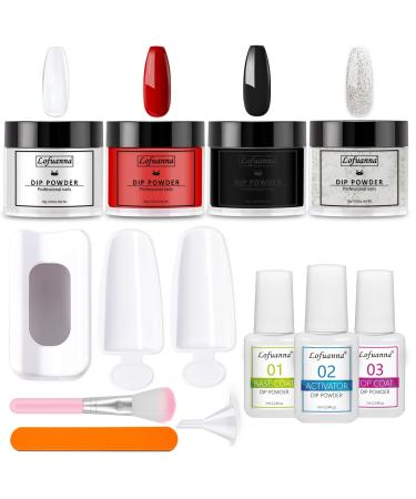 Lofuanna Dip Powder Nail Kit Starter-4 Colors Clear Black Red Glitter Dipping Powder with Base&Top Coat&Activator No UV/LED Needed All-in-One DIY French Nail Art Manicure Set for Beginners