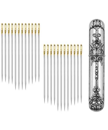 24 PCS Self Threading Needles, Big Eye Hand Sewing Needles Embroidery Needle for DIY Craft with Vintage Sewing Needles Holder Storage Case