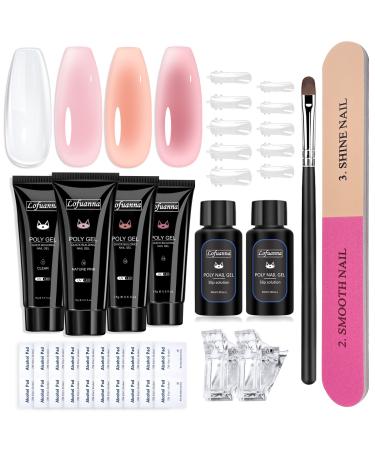 Lofuanna Poly Gel Nail Kit-4 Colors Jelly Nude Pink Set Poly Nail Gel Nail Starter kit 15ML Poly Extension Gel With 80ml Slip Solution All-in-one Nail Strengthen Gel Nail Gel Kit DIY for Beginners 004-Jelly Nude Pink Set