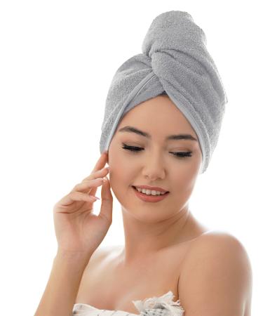 Kirman Premium Haarurban towel 2 pieces with 2 buttons 100% cotton - hair - for short and long hair - turban towel is quick -drying and suction -strong (light gray 2 pieces) light gray 2